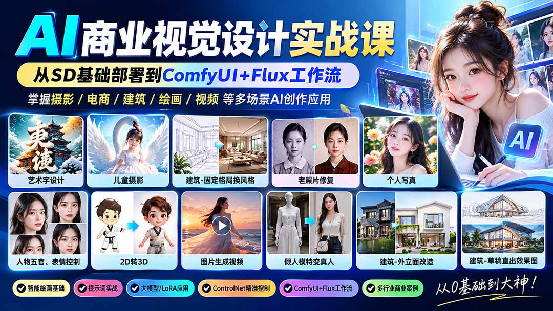 【无水印】AI商业视觉设计实战课：从SD基础部署到ComfyUI+Flux工作流，掌握摄影电商建筑AI创作-橙心云网创