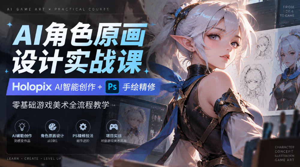 AI角色原画设计实战课｜Holopix AI智能创作+PS手绘精修，零基础游戏美术全流程教学-橙心云网创