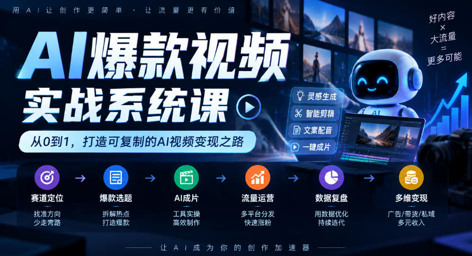 AI爆款视频实战系统课｜赛道定位、爆款选题、AI成片、流量运营、数据复盘、多维变现全链路教学-橙心云网创