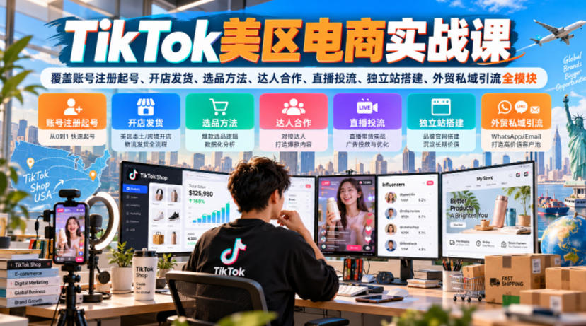 TikTok美区电商实战课，覆盖账号注册起号、开店发货、选品方法、达人合作、直播投流、独立站搭建、外贸私域引流全模块-橙心云网创