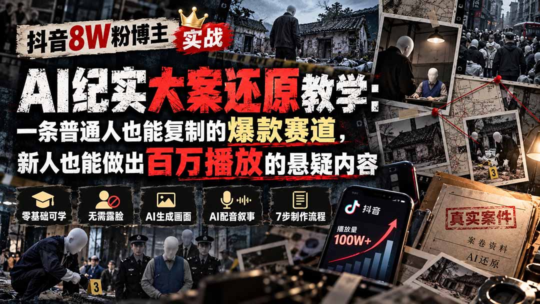 抖音8W粉博主AI纪实大案还原教学：一条普通人也能复制的爆款赛道，新人也能做出百万播放的悬疑内容-橙心云网创