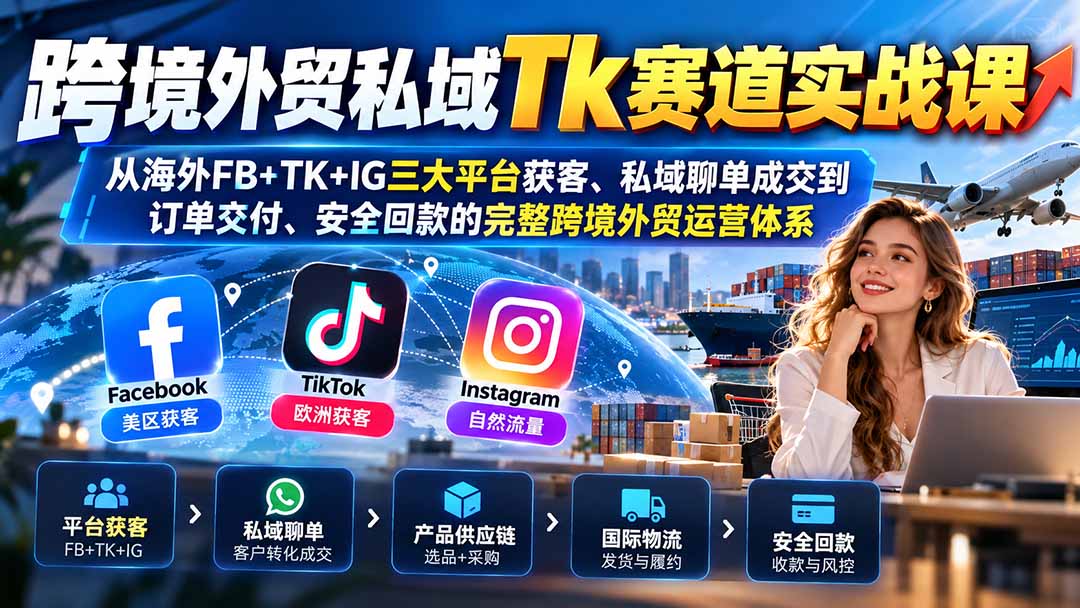 跨境外贸私域Tk赛道实战课:从海外FB+TK+IG三大平台获客、私域聊单成交到订单交付、安全回款的完整跨境外贸运营体系-橙心云网创