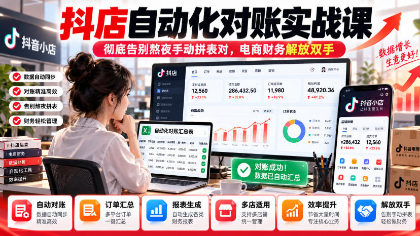 抖店自动化对账实战课,彻底告别熬夜手动拼表对,账电商财务解放双手-橙心云网创
