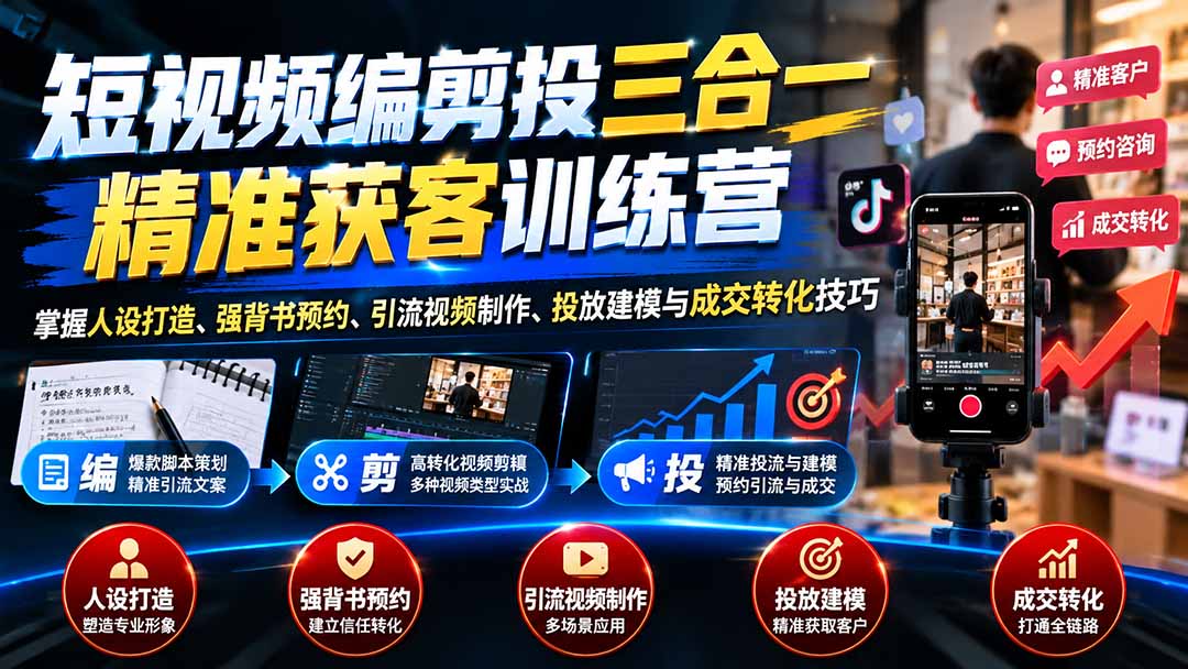 短视频编剪投三合一精准获客训练营：掌握人设打造、强背书预约、引流视频制作、投放建模与成交转化技巧-橙心云网创