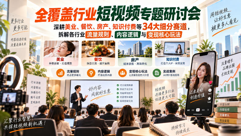 短视频专题研讨会，深耕美业、餐饮、房产、知识付费等34大细分赛道，拆解各行业流量规则、内容逻辑与变现核心玩法(更新1011)-橙心云网创