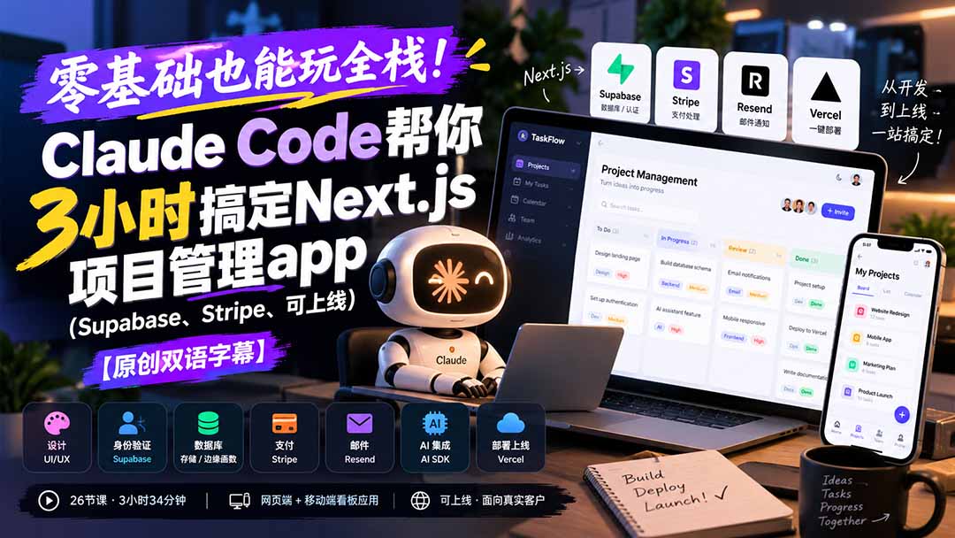 零基础也能玩全栈！Claude Code帮你3小时搞定Next.js项目管理app(Supabase、Stripe、可上线-橙心云网创