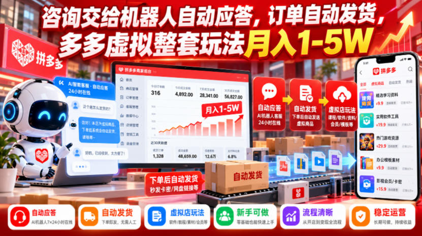 咨询交给机器人自动应答，订单自动发货，多多虚拟整套玩法月入1-5W【揭秘】-橙心云网创