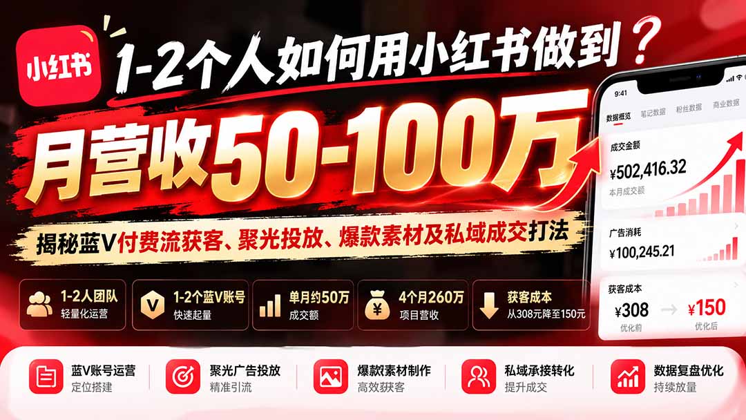 1-2个人如何用小红书做到月营收50-100万？揭秘蓝V付费流获客、聚光投放、爆款素材及私域成交打法-橙心云网创