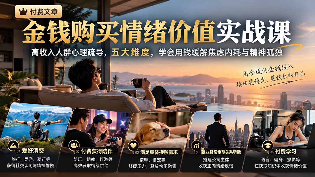 付费文章:金钱购买情绪价值实战课|高收入人群心理疏导,五大维度,学会用钱缓解焦虑内耗与精神孤独-橙心云网创