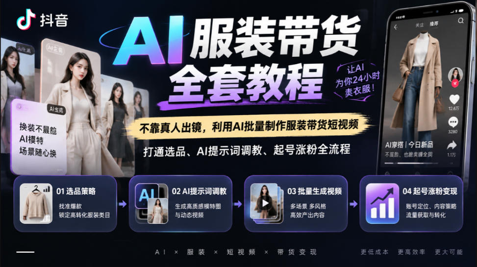 抖音AI服装带货全套教程，不靠真人出镜，利用AI批量制作服装带货短视频，打通选品、AI提示词调教、起号涨粉全流程-橙心云网创