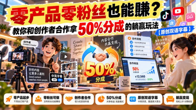 【无水印】零产品零粉丝也能賺?教你和创作者合作拿50%分成的躺赢玩法【原创双语字幕】-橙心云网创
