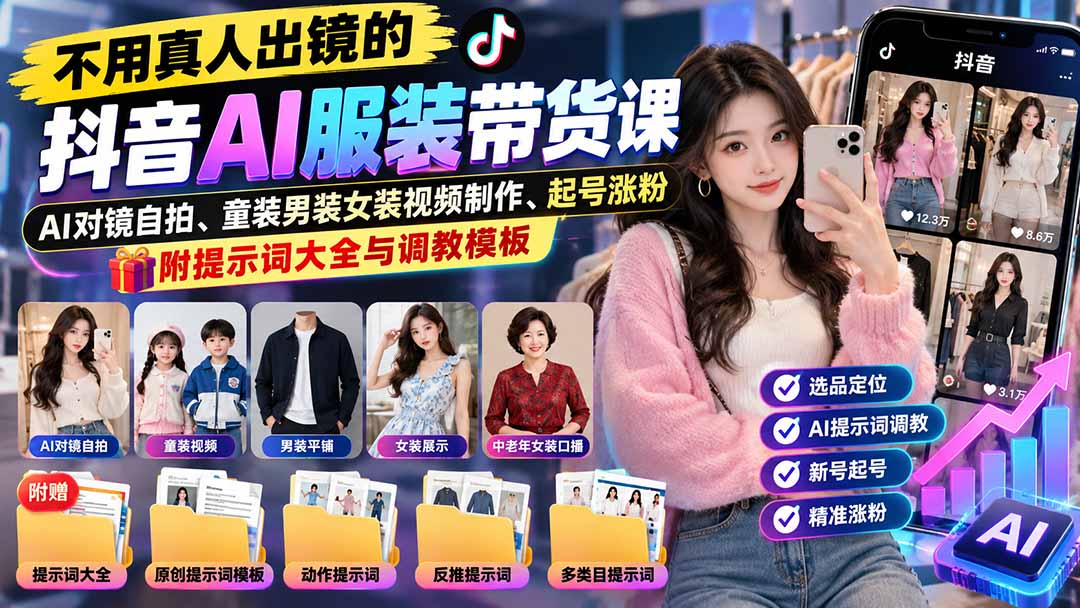 不用真人出镜的抖音AI服装带货课：AI对镜自拍、童装男装女装视频制作、起号涨粉，附提示词大全与调教模板-橙心云网创