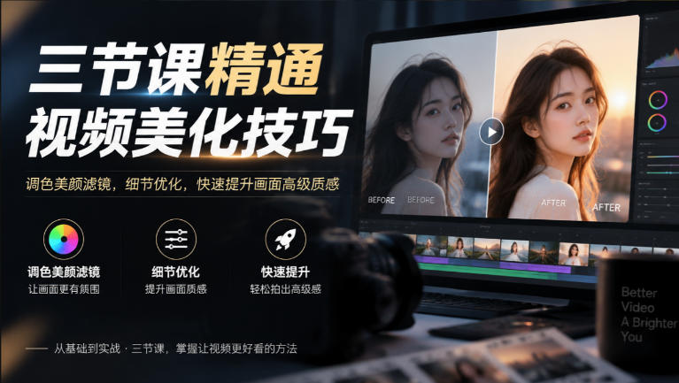 三节课精通视频美化技巧|调色美颜滤镜,细节优化,快速提升画面高级质感-橙心云网创