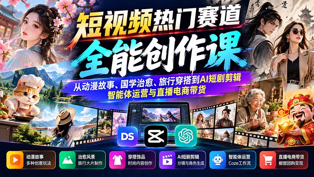 短视频热门赛道全能创作课:从动漫故事、国学治愈、旅行穿搭到AI短剧剪辑、智能体运营与直播电商带货-橙心云网创