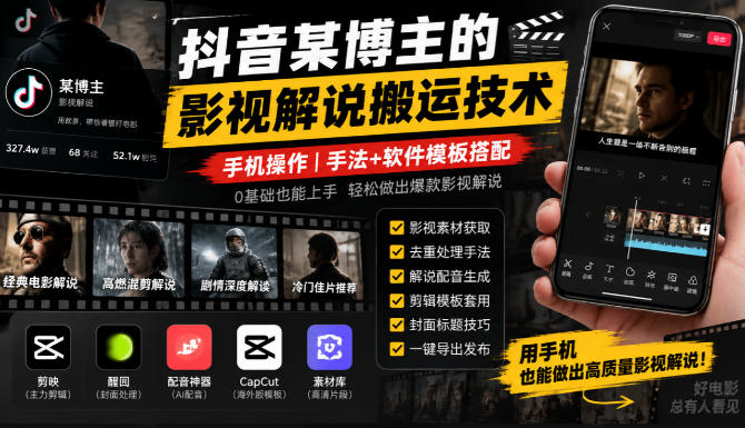 抖音某博主的影视解说搬运技术，手机操作，手法+软件模板搭配-橙心云网创