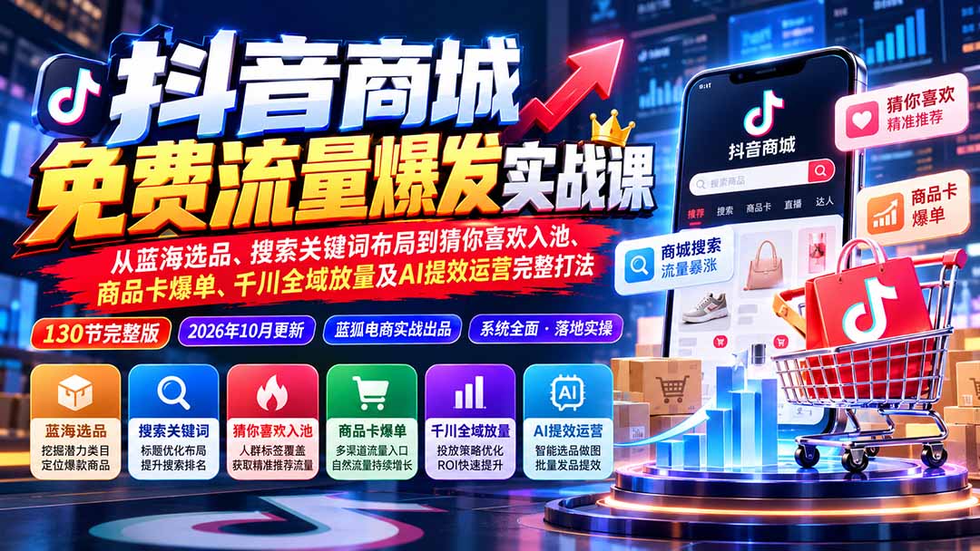 抖音商城免费流量爆发实战:从蓝海选品、搜索关键词布局到猜你喜欢入池、商品卡爆单、千川全域放量及AI提效完整打法-橙心云网创