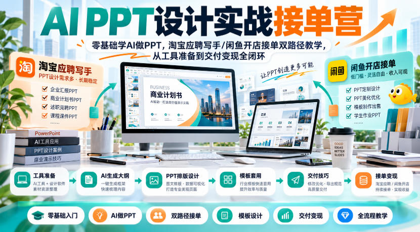 AI PPT设计实战接单营|零基础学AI做PPT,淘宝应聘写手/闲鱼开店接单双路径教学,从工具准备到交付变现全闭环-橙心云网创