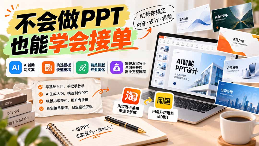 不会做PPT也能学会接单:AI辅助写文案、挑模板、做排版,掌握淘宝写手与闲鱼开店副业完整流程-橙心云网创