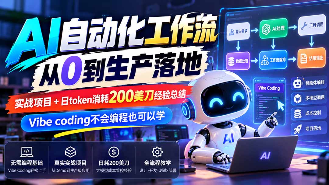 【无水印】AI自动化工作流从0到生产落地，实战项目+日token消耗200美刀经验总结，Vibe coding不会编程也可以学-橙心云网创