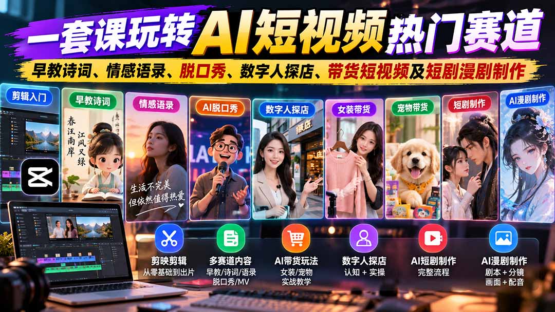 一套课玩转AI短视频热门赛道：早教诗词、情感语录、脱口秀、数字人探店、带货短视频及短剧漫剧制作  复制标题-橙心云网创