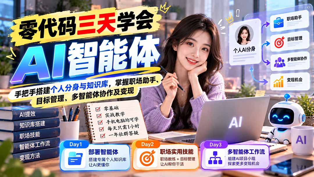 【无水印】零代码三天学会AI智能体：手把手搭建个人分身与知识库，掌握职场助手、目标管理、多智能体协作及变现-橙心云网创