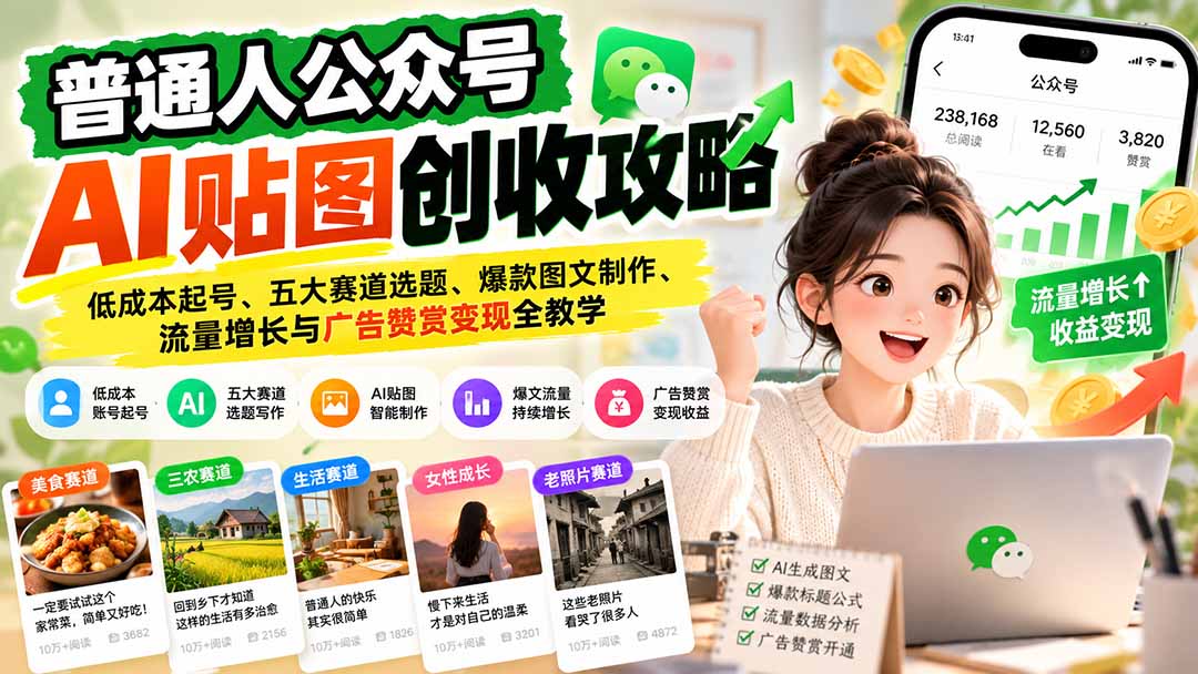 普通人公众号AI贴图创收攻略:低成本起号、五大赛道选题、爆款图文制作、流量增长与广告赞赏变现全教学-橙心云网创