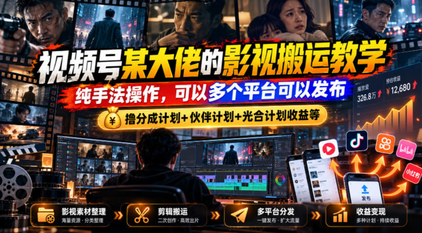 视频号某大佬的影视搬运教学,纯手法操作,可以多个平台可以发布,撸分成计划+伙伴计划+光合计划收益等-橙心云网创