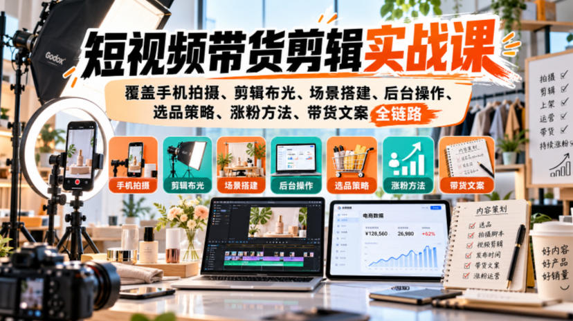 短视频带货剪辑实战课，覆盖手机拍摄、剪辑布光、场景搭建、后台操作、选品策略、涨粉方法、带货文案全链路-橙心云网创