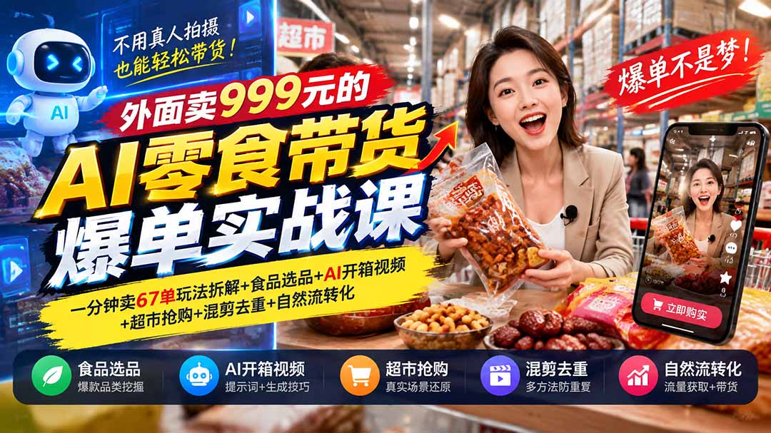 外面卖999元的AI零食带货爆单实战课|一分钟卖67单玩法拆解+食品选品+AI开箱视频+超市抢购+混剪去重+自然流转化-橙心云网创