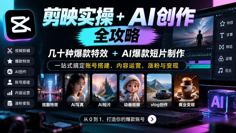 剪映实操+AI创作全攻略|几十种爆款特效+AI爆款短片制作,一站式搞定账号搭建、内容运营、涨粉与变现-橙心云网创
