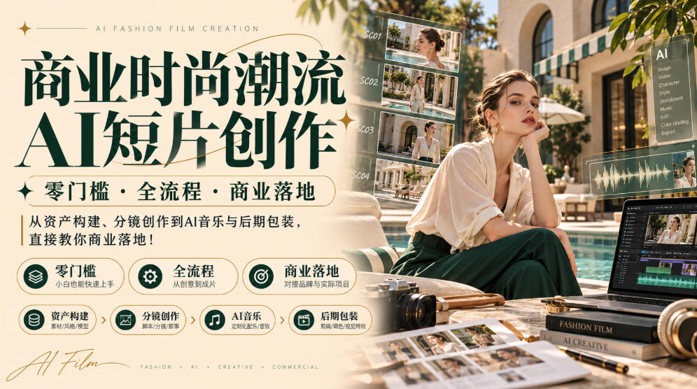 商业时尚潮流AI短片创作|零门槛・全流程・商业落地,从资产构建、分镜创作到AI音乐与后期包装,直接教你商业落地!-橙心云网创