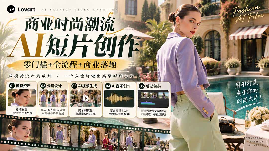 从一张模特图到高级时尚广告大片:AI三视图资产、场景合成、电影分镜、动态生成与复古音乐剪辑实战课-橙心云网创