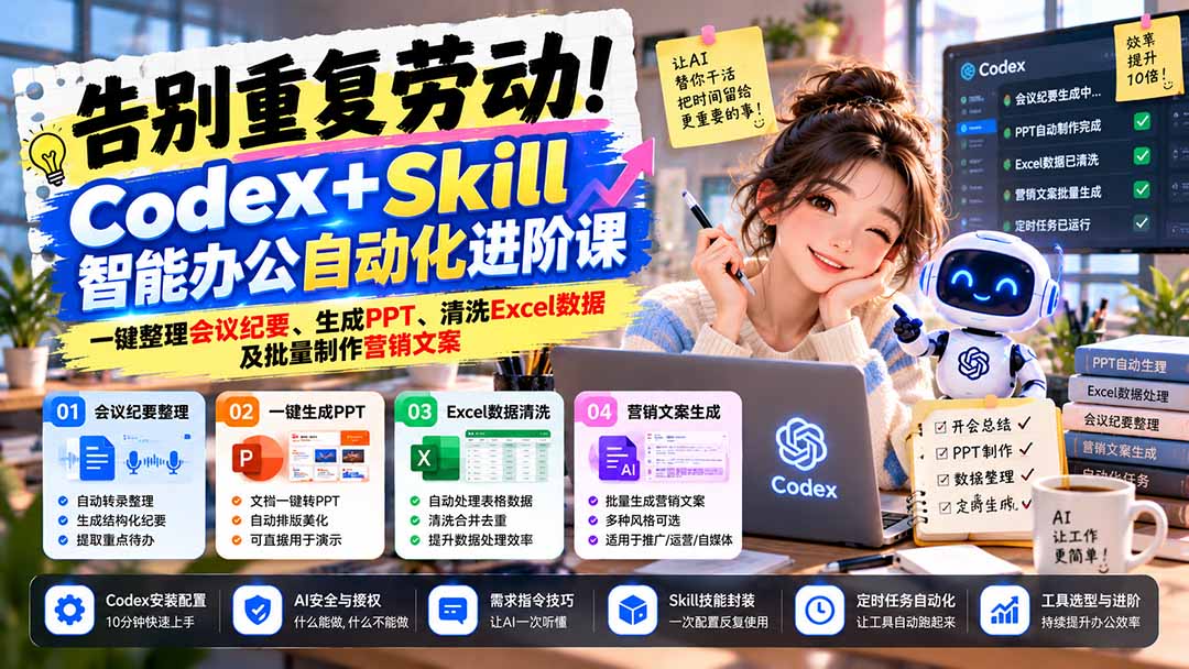 告别重复劳动!Codex+Skill智能办公自动化进阶课:一键整理会议纪要、生成PPT、清洗Excel数据及批量制作营销文案-橙心云网创