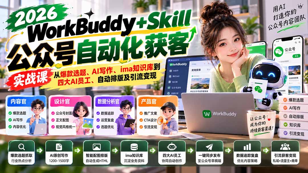 WorkBuddy + Skill公众号自动化获客实战课:从爆款选题、AI写作、ima知识库到四大AI员工、自动排版及引流变现-橙心云网创