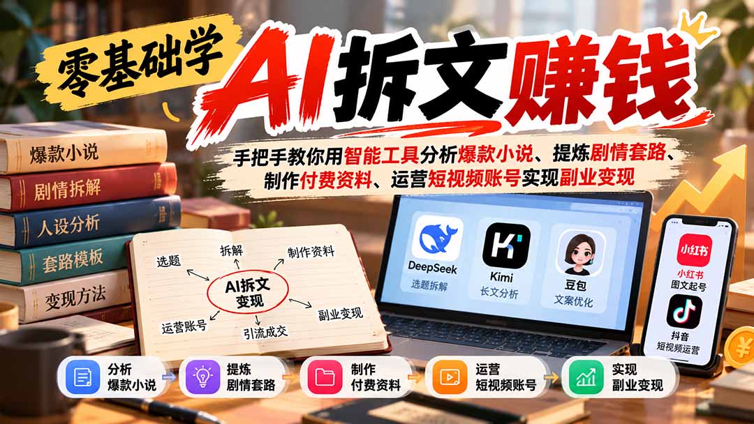 零基础学AI拆文赚钱:手把手教你用智能工具分析爆款小说、提炼剧情套路、制作付费资料、运营短视频账号实现副业变现-橙心云网创