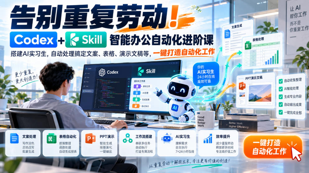 告别重复劳动!Codex+Skill智能办公自动化进阶课|搭建AI实习生,自动处理搞定文案、表格、演示文稿等,一键打造自动化工作-橙心云网创