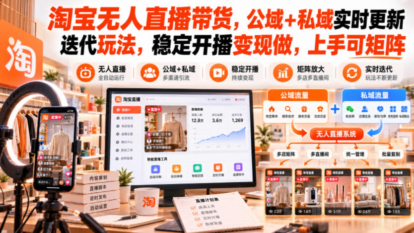淘宝无人直播带货,公域+私域实时更新迭代玩法,稳定开播变现做,上手可矩阵【揭秘】-橙心云网创