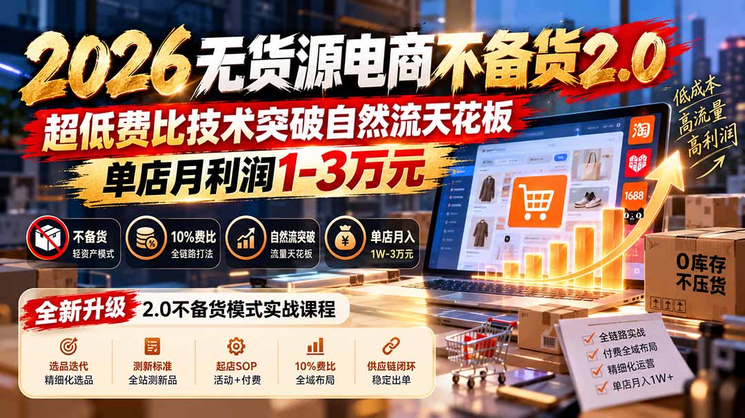 2026无货源电商不备货2.0【更新1019】：超低费比技术突破自然流天花板，单店月利润1-3万元-橙心云网创