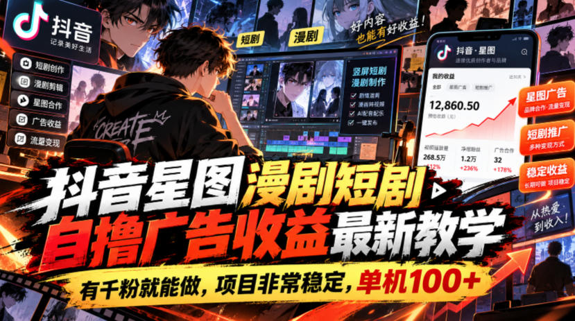 抖音星图漫剧短剧自撸广告收益最新教学，有千粉就能做，项目非常稳定，单机100+-橙心云网创