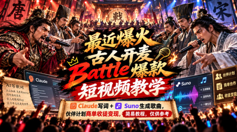 最近爆火古人开麦Battle爆款短视频教学，Claude写词+Suno生成歌曲，伙伴计划商单收徒变现，简易教程，仅供参考-橙心云网创