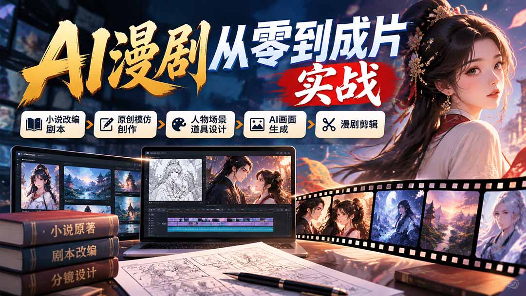 AI漫剧从零到成片实战:小说改编剧本、原创模仿创作、人物场景道具设计、AI画面生成与漫剧剪辑-橙心云网创