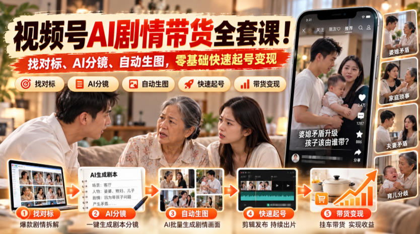 视频号AI剧情带货全套课！找对标、AI分镜、自动生图，零基础快速起号变现-橙心云网创