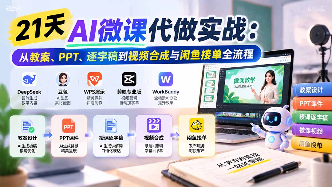 21天AI微课代做实战:从教案、PPT、逐字稿到视频合成与闲鱼接单全流程-橙心云网创