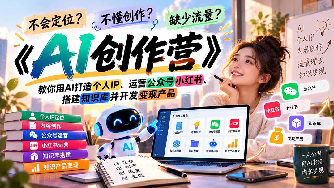不会定位、不懂创作、缺少流量？《AI创作营》教你用AI打造个人IP、运营公众号小红书、搭建知识库并开发变现产品-橙心云网创