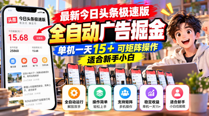 最新今日头条极速版全自动广告掘金,单机一天15+可矩阵操作适合新手小白-橙心云网创