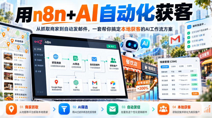【无水印】用n8n+AI自动化获客,从抓取商家到自动发邮件,一套帮你搞定本地获客的AI工作流方案【原创双语字幕】-橙心云网创