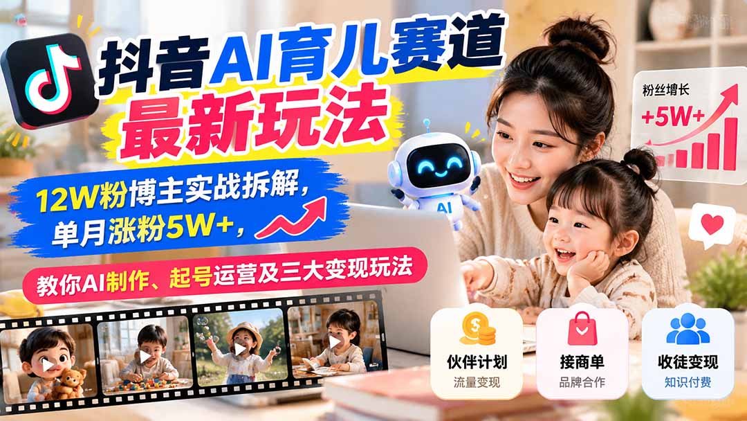 抖音AI育儿赛道最新玩法:12W粉博主实战拆解,单月涨粉5W+,教你AI制作、起号运营及三大变现玩法-橙心云网创