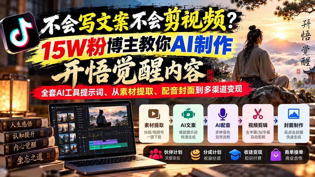不会写文案不会剪视频？15W粉博主教你AI制作开悟觉醒内容，全套AI工具提示词、从素材提取、配音封面到多渠道变现-橙心云网创
