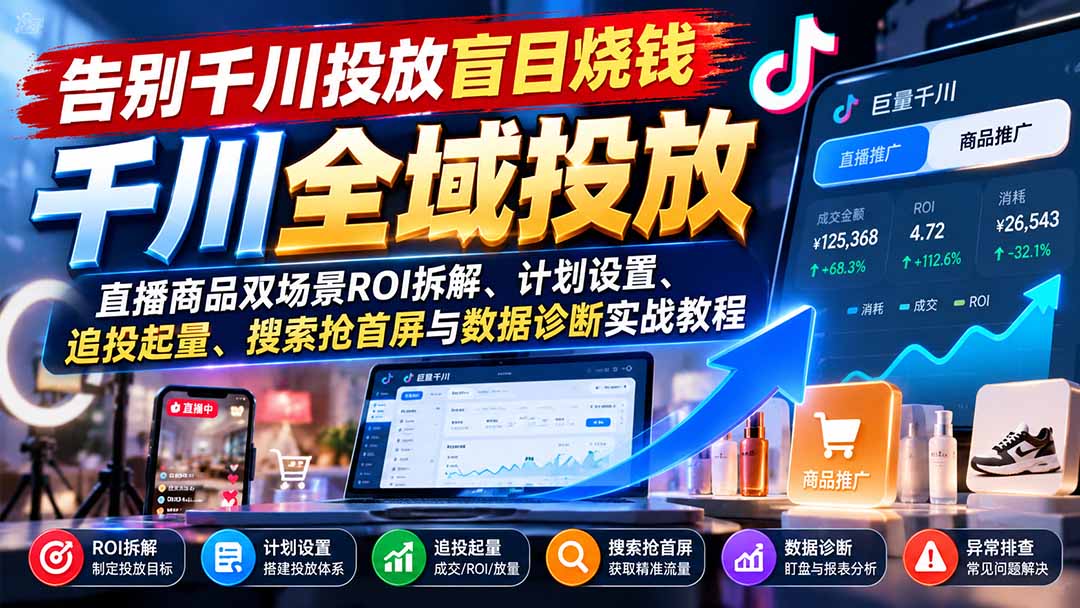 告别千川投放盲目烧钱:直播商品双场景ROI拆解、计划设置、追投起量、搜索抢首屏与数据诊断实战教程-橙心云网创