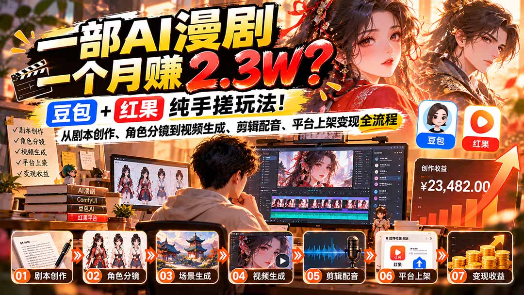 一部AI漫剧一个月赚2.3W？豆包+红果纯手搓玩法！从剧本创作、角色分镜到视频生成、剪辑配音、平台上架变现全流程-橙心云网创